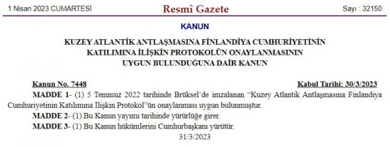 Resmi Gazete: Эрдоган утвердил решение парламента о ратификации заявки Финляндии на вступление в НАТО